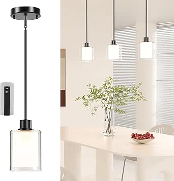 Pendant Light Kitchen Island Lighting, Height Adjuatable Rod Clear Dual Glass - with 3 Color Temperatures Bulb & Remote Control, Farmhouse Hanging Lighting Fixture for Dining Room Bedroom, 1 Pack