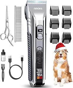 Dog Clippers for Grooming, AIBORS 2500mAH Dog Shavers Kit for Grooming, Low Noise, Rechargeable Cordless Hair Clippers for Dogs Cats Pets, USB C Charging, Quite Dog Hair Trimmer with Ceramic Blade