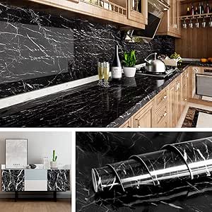 Livelynine 15.8x394 Black Countertop Contact Paper Waterproof Peel and Stick Countertops Kitchen Vinyl Wrap for Countertop Black Marble Wallpaper Self Adhesive Worktop Covering Counter Covers Cabinet