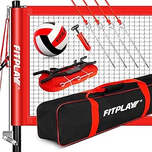 FITPLAY Professional Volleyball Net Set with Anti-Sag System,3 Height Adjustable Steel Poles,PU Volleyball,Pump,Boundary Line and Waterproof CarryBag for Outdoor,Backyard,Beach