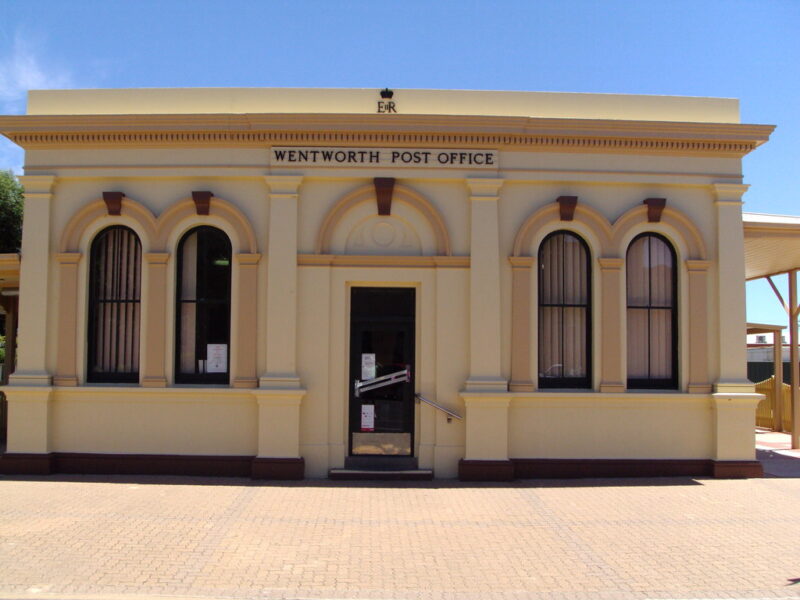 Wentworth Post Office built 1899 in Greek Classical style. Pilasters beside doorway, roof pediment, paired windows and perfect symmetry.