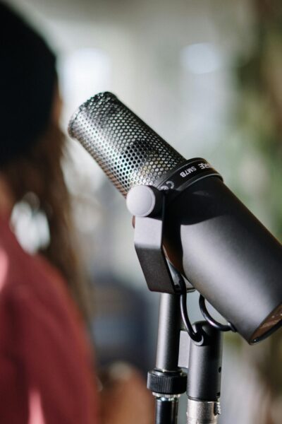 Detailed close-up of a studio microphone on a stand, perfect for music production.