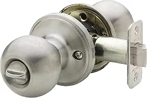 Copper Creek Ball Door Knob, Privacy Function, Keyless Turn Thumb Locking Ball Design, Interior/Exterior Reversible Round Handle for Right & Left Side, Bedroom & Bathroom - Satin Stainless - 1 Pack