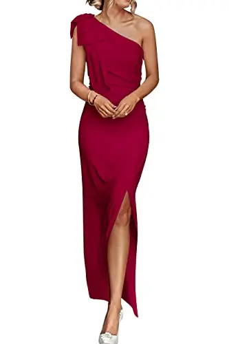PRETTYGARDEN One Shoulder Ruched Maxi Dress - Wine Red Formal Gown