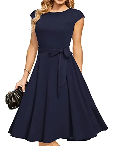 DRESSTELLS Hepburn Vintage Cocktail Dress - Navy Formal Midi Dress