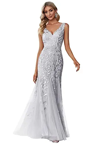 Ever-Pretty Sequin Mermaid Evening Gown - Silver Sleeveless Formal Dress