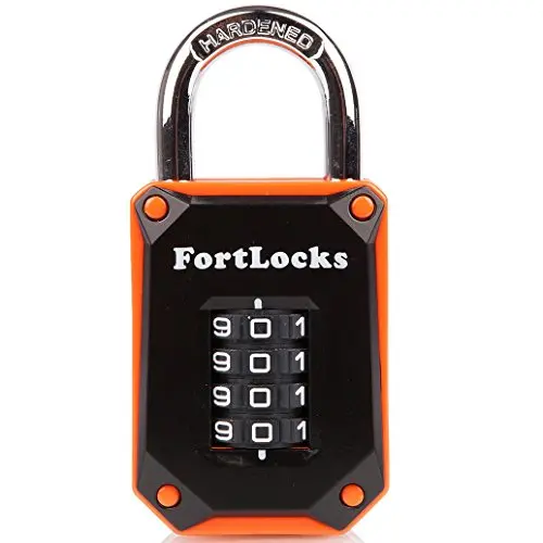 FortLocks Heavy Duty Gym Locker Lock - 4 Digit Weatherproof Stainless Steel Padlock - Cut Proof Combination - Orange