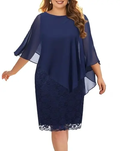 Navy Plus Size Chiffon Lace Dress - Semi-Formal Mother of the Bride Outfit