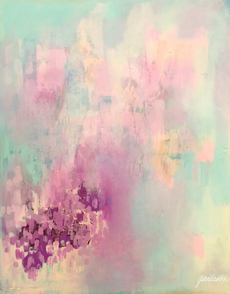 Colorful abstract painting with blended hues on a deck surface.