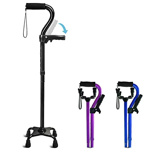 Adjustable Walking Cane with 4-Pronged Base for Max Stability - Ergonomic Handle for Enhanced Comfort (Black)