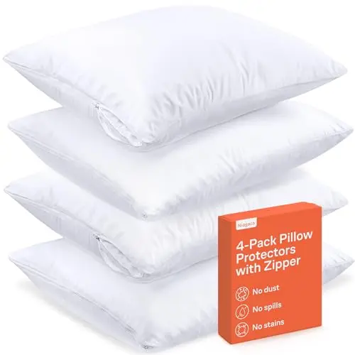 Ultra Soft Pillow Protectors with Zipper Standard Size - Set of 4 Breathable Pillow Covers - 100% Protection Against Stains, Dust & Dirt - Machine Washable (White)