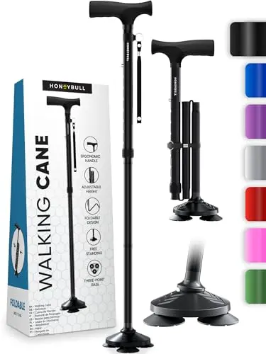 HONEYBULL Foldable and Adjustable Walking Cane with Pivoting Base - Ideal for Men, Women, Seniors, and Adults (Black)