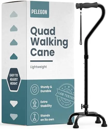 PELEGON Quad Cane (300 lb) - Extra-Stable Walking Cane with Large 4-Pronged Base for Superior Balance (Black)