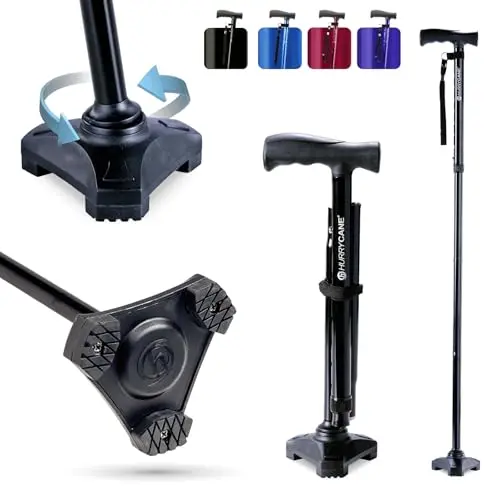 HurryCane Freedom Edition - Foldable Walking Cane with T Handle for Maximum Support and Quiet Operation (Original Black)
