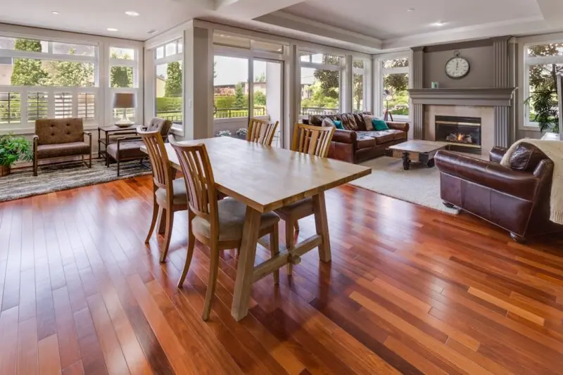 Rectangular brown wooden table and chair set.