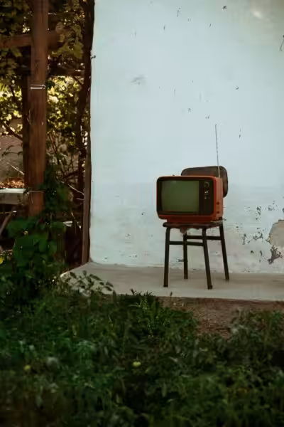 A classic vintage television set outdoors leaning against a rustic wall surrounded by greenery.