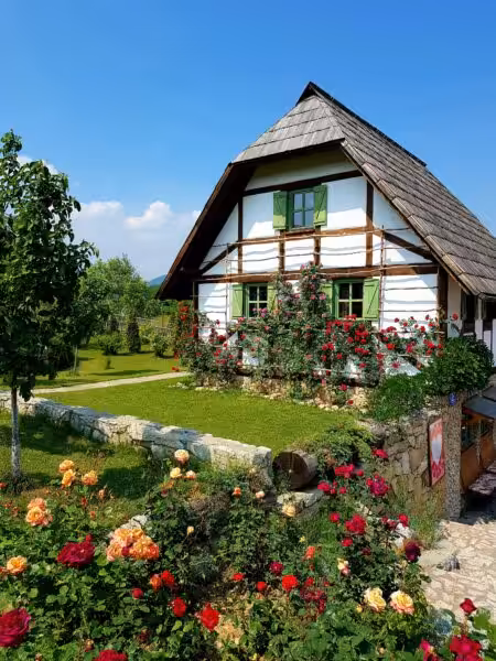Brown wooden house surrounded by green trees and flowers under blue sky during daytime