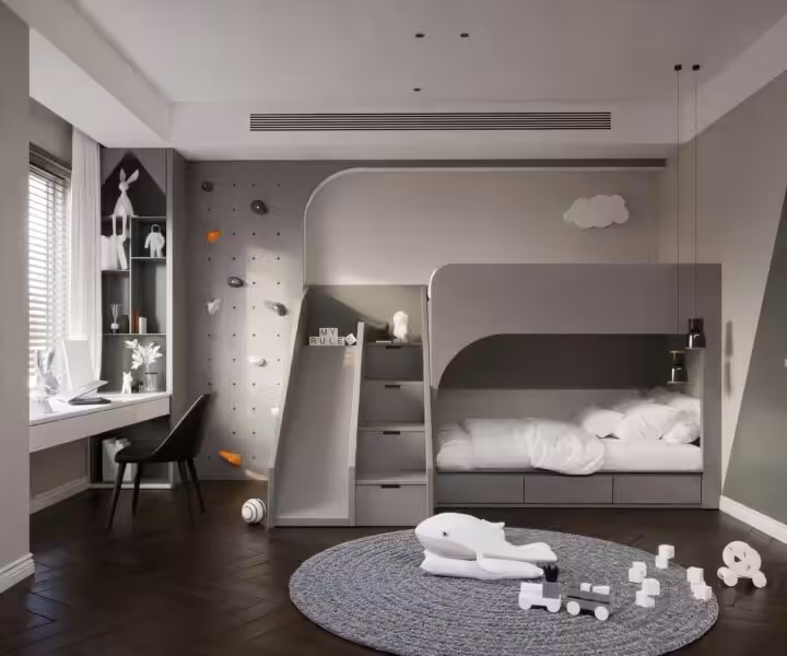 A child's bedroom with a bunk bed and toys on the floor.