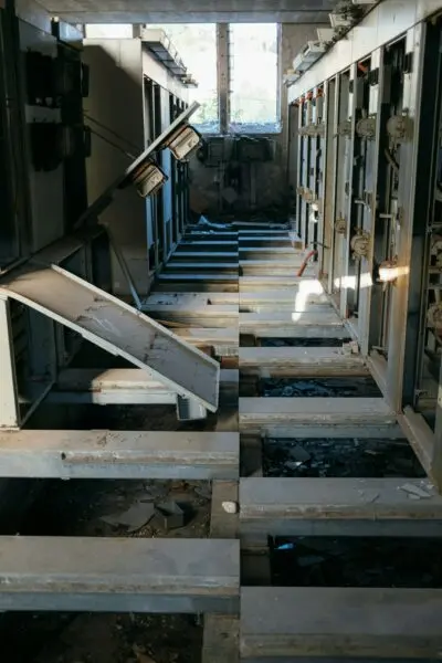 An abandoned building with stairs leading up to the second floor.