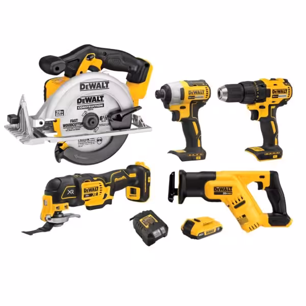 DEWALT 20V MAX 5-Tool Power Tools Combo Kit, Includes 1/2 Cordless Drill,1/4 Impact Driver, Reciprocating Saw, Circular Saw, Oscillating Tool, 5Ah Battery and Charger (DCK540D1)