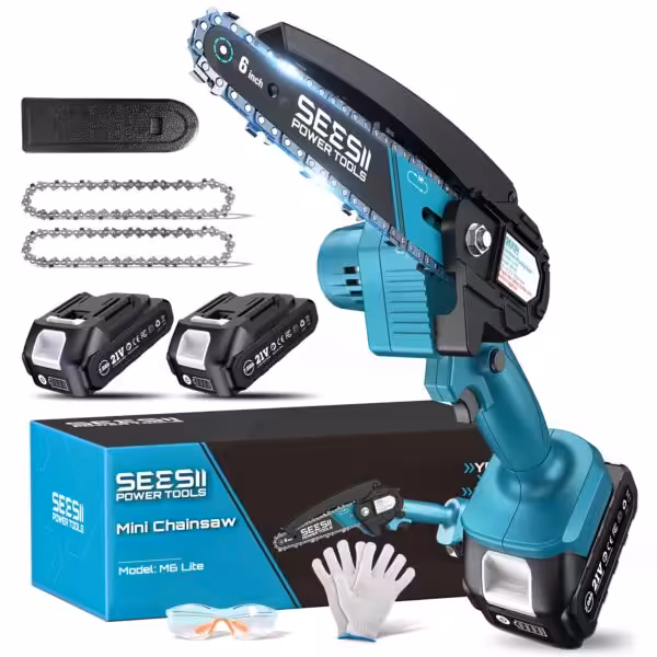 Seesii Mini Chainsaw, 6-inch Mini Chainsaw Cordless, Handheld Electric Power Chain Saw with 2 Batteries, for Tree Trimming Wood Cutting, Best Gifts for Father, Dad, Husband, Men