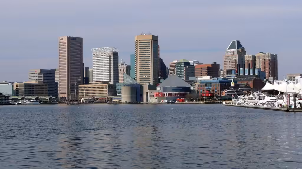 Baltimore Inner Harbor skyline and downtown buildings in Maryland