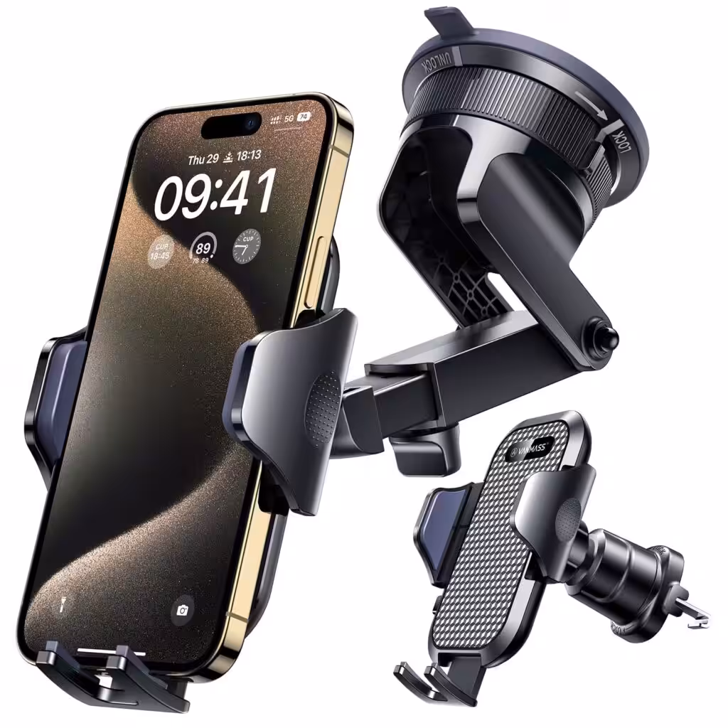 [True Military-Grade] Car Phone Holder VANMASS [Upgraded Strongest Suction&amp;Clip] Cell Phone Mount for Dashboard Windshield Vent Kit, Truck Cradle Stand for iPhone 17 Pro Max 16 15 14 Android,Ink Black