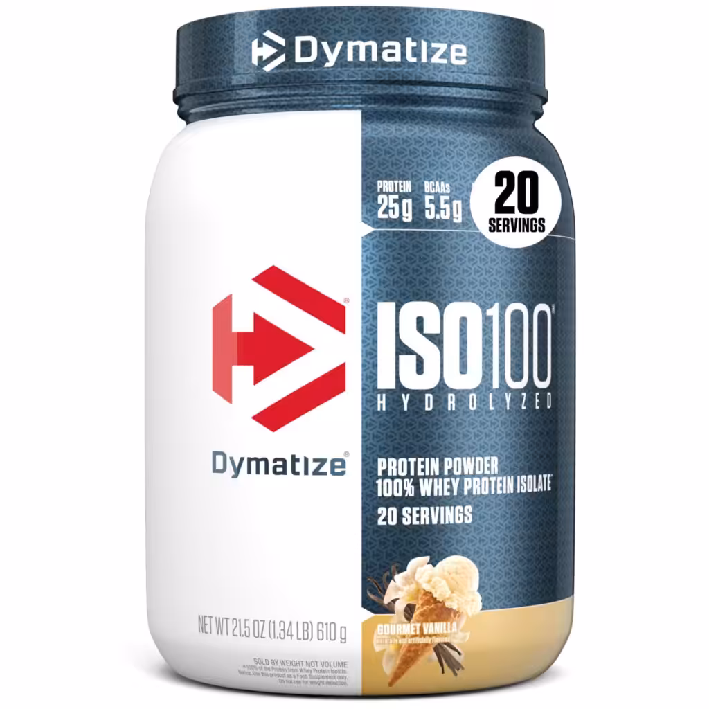 Dymatize ISO100 Whey Protein Powder Isolate, Gourmet Vanilla, 25g of Protein, 5.5g BCAAs, Less Than 120 Cal., Gluten Free, 1g Fat, 1g Sugar, 2g Carb (20 Servings)