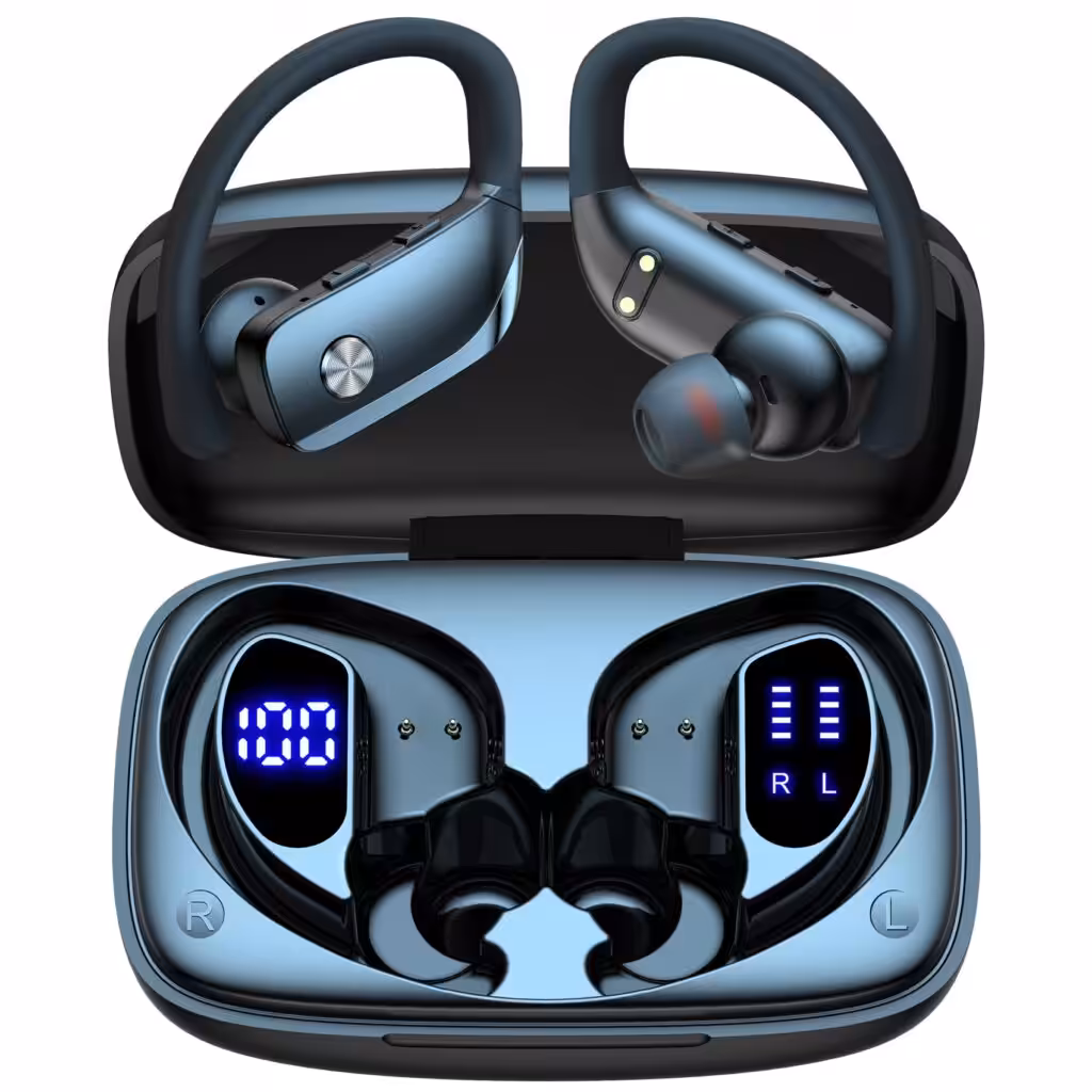 bmani Ear Buds Wireless Earbuds Bluetooth Headphones with 80H Playtime LED Display Case, Over-Ear Hook with Mic, Stereo Sound, Easy Button Controls, Sports Earphones for Running Workout Gym Black