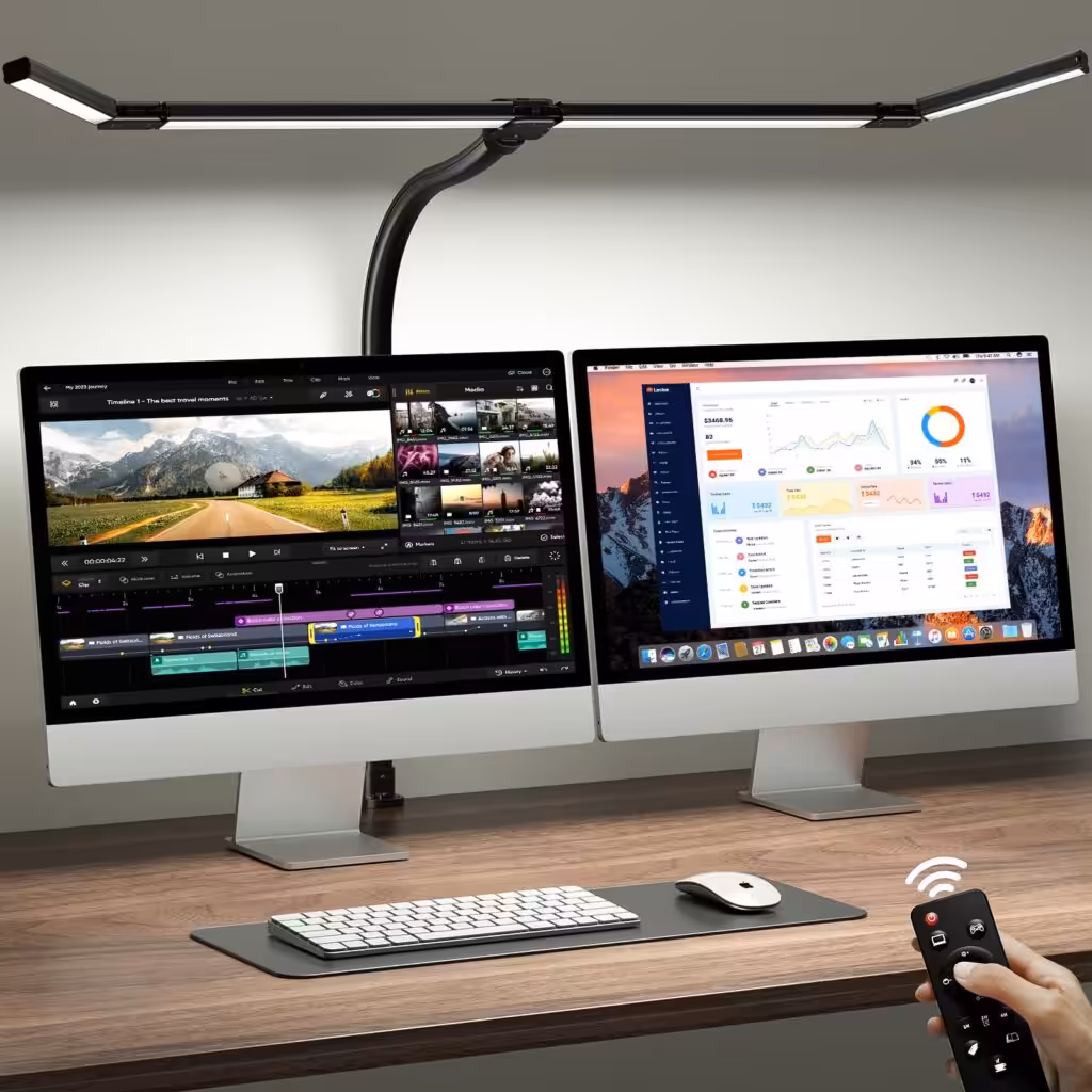 ONEMIX 42" LED Desk Lamp with Clamp, Architect Desk Light with Remote, Adjustable 4-Segment Bar, 1800LM Bright, Eye-Caring Desk Lamp for Home Office, Reading, Study, Dual Monitors, Workbench(Black)