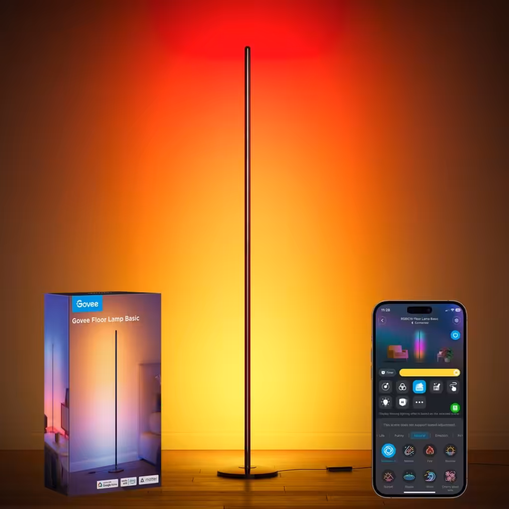 Govee RGBIC Floor Lamp Basic, 1000lm LED Corner Lamp Compatible with SmartThings, Alexa, and Matter, Modern Floor Lamp with Music Sync and 16 Million DIY Colors, Standing Lamp for Bedroom Living Room
