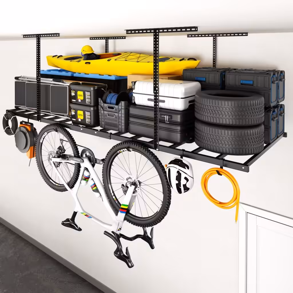 FLEXIMOUNTS 4x8 Overhead Garage Storage Rack with 6 Hooks, Adjustable Storage Organization System, Heavy-Duty Metal Ceiling Racks, 22.6" -39.4" Ceiling Dropdown, Black, Lite Series