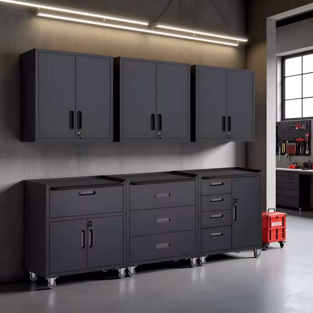Garage Storage Cabinet System 6pcs Heavy Duty Workshop Set Wall Cabinet Lockable Rolling Tool Cabinets with Adjustable Shelves Metal Garage Storage Cabinets