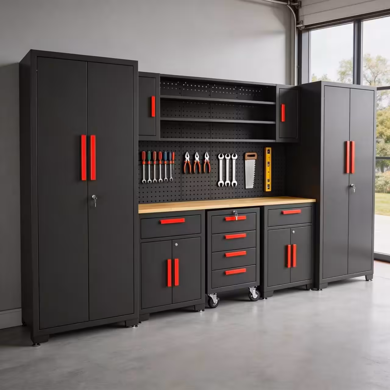 Torin Garage Storage Cabinets System, 8-Pcs Workshop Cabinet Set in Black, Included Steel Cabinets Drawers Rolling Chest and Pegboard,Locked Garage Storage Cabinet