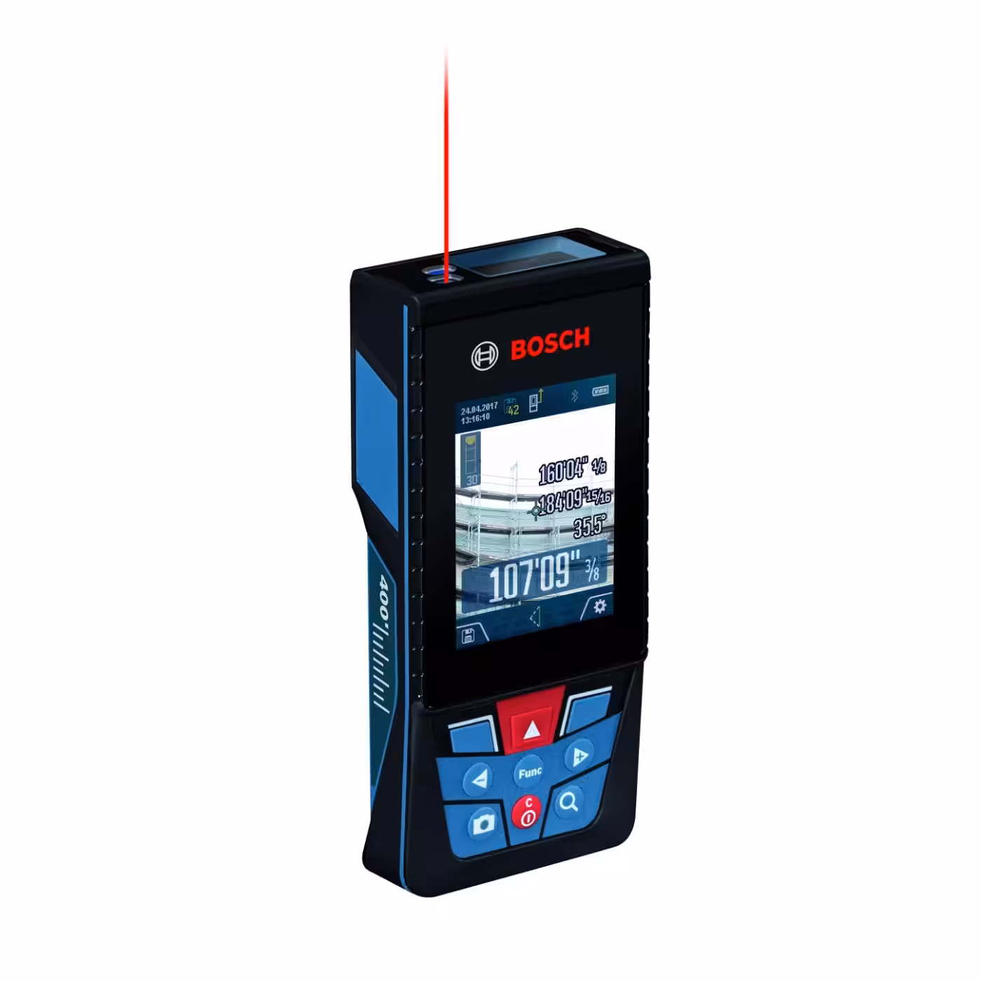 BOSCH GLM400C 400 Ft Blaze Outdoor Connected Laser Measure with Viewfinder, Includes 3 AA Batteries, Hand Strap, & Pouch