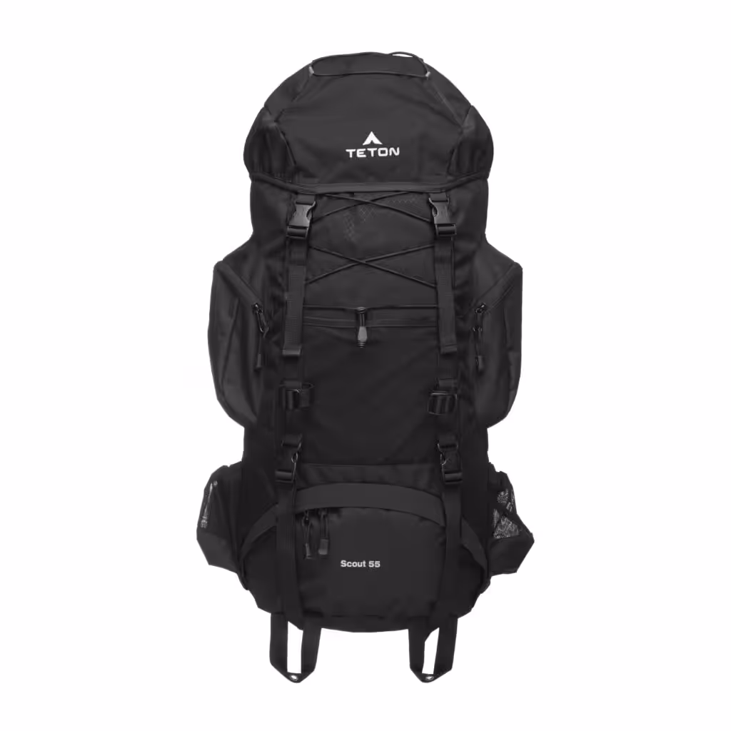 Teton 55L Scout Internal Frame Backpack for Hiking, Camping, Backpacking, Travel, Rain Cover Included, Black