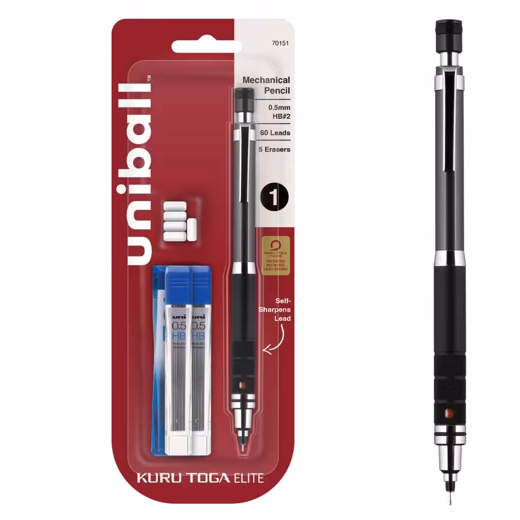uniball Kuru Toga Elite Mechanical Pencil Starter Kit, 0.5mm, HB #2, Gun Metal Barrel, 1 Pack