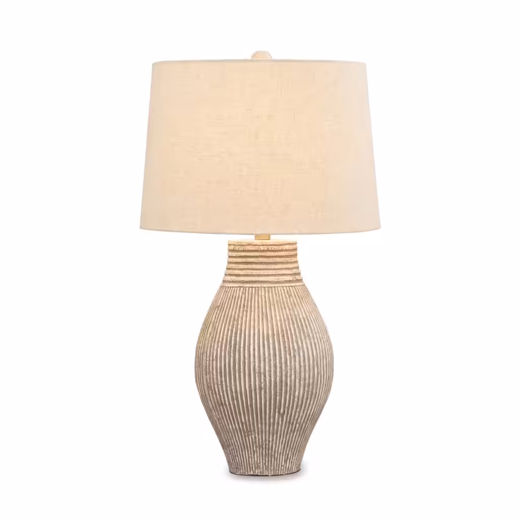 Signature Design by Ashley Layal Modern Table Lamp, Textured Paper Composite Base, Modified Drum Shade, 3-Way Switch Lighting for Living Room or Bedroom, 16 Inch Diameter, Beige