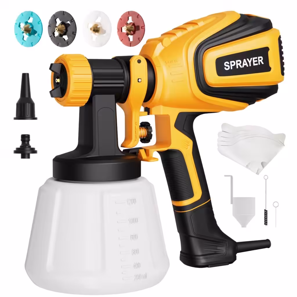 VONFORN Paint Sprayer, 700W HVLP Spray Gun with Cleaning &amp; Blowing Joints, 4 Nozzles and 3 Patterns, Easy to Clean, for Furniture, Cabinets, Fence, Walls, Door, Garden Chairs etc. VF803 Yellow
