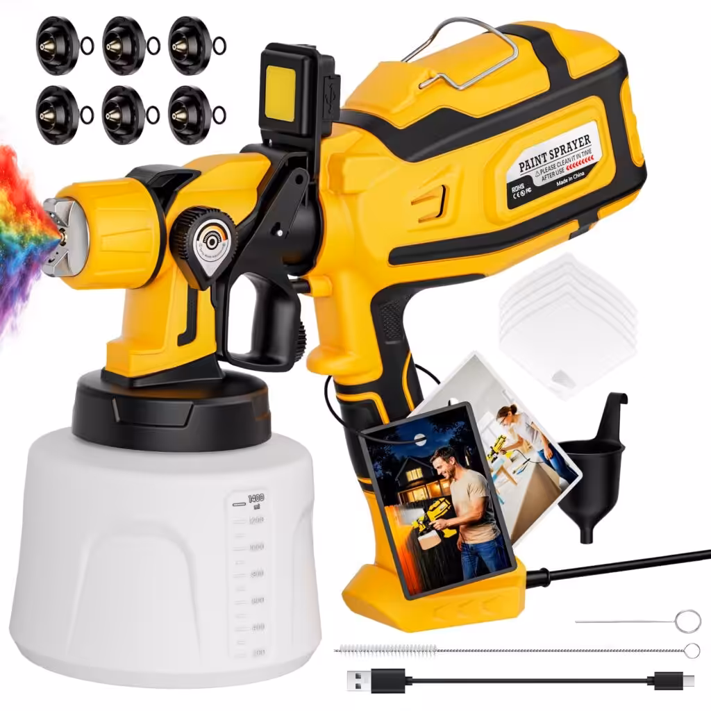 Paint Sprayer for House Painting, 1000W Paint Sprayers with 47oz (1400ml), 6 Copper Nozzles (0.5–2.5mm), LED Light, Adjustable Flow &amp; 3 Patterns, Easy Clean Paint Sprayer for Furniture, House, Garden