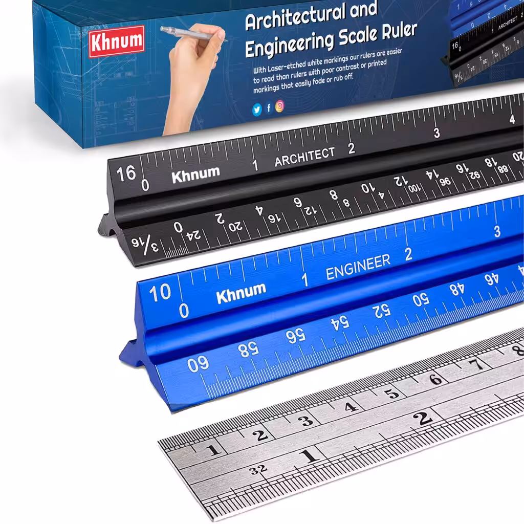 12-Inch Architectural and Engineering Scale Ruler Set (Imperial) | Laser-Etched Aluminum Triangular Drafting Tool | for Architect and Civil Engineer Blueprints | Standard Metal Ruler Included