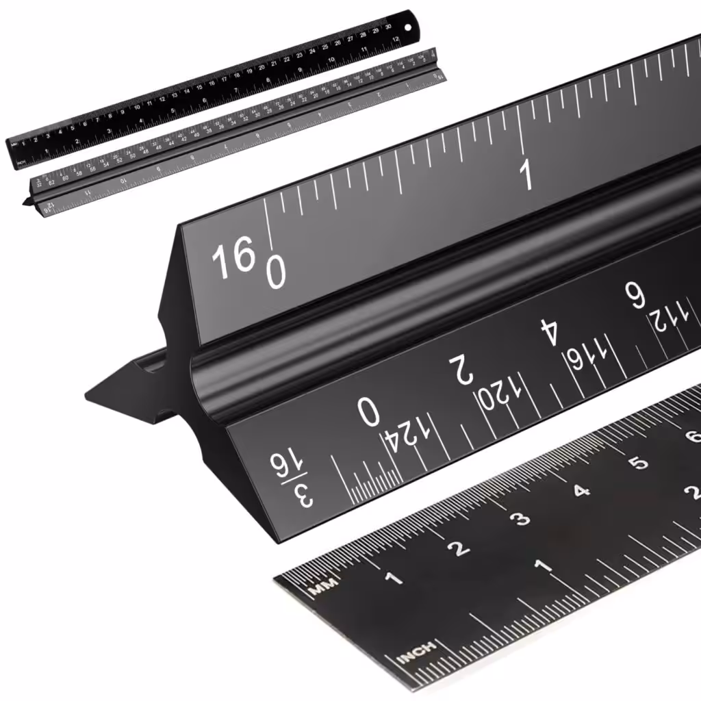 Rena Chris 2Pcs Architectural Scale Ruler, Triangular Scale & Straight Ruler, 12 Inch Aluminum Drafting Ruler Set, Laser Etched, Smooth Non-Sharp Edges, Lightweight, Inch MM Conversion for Architectur