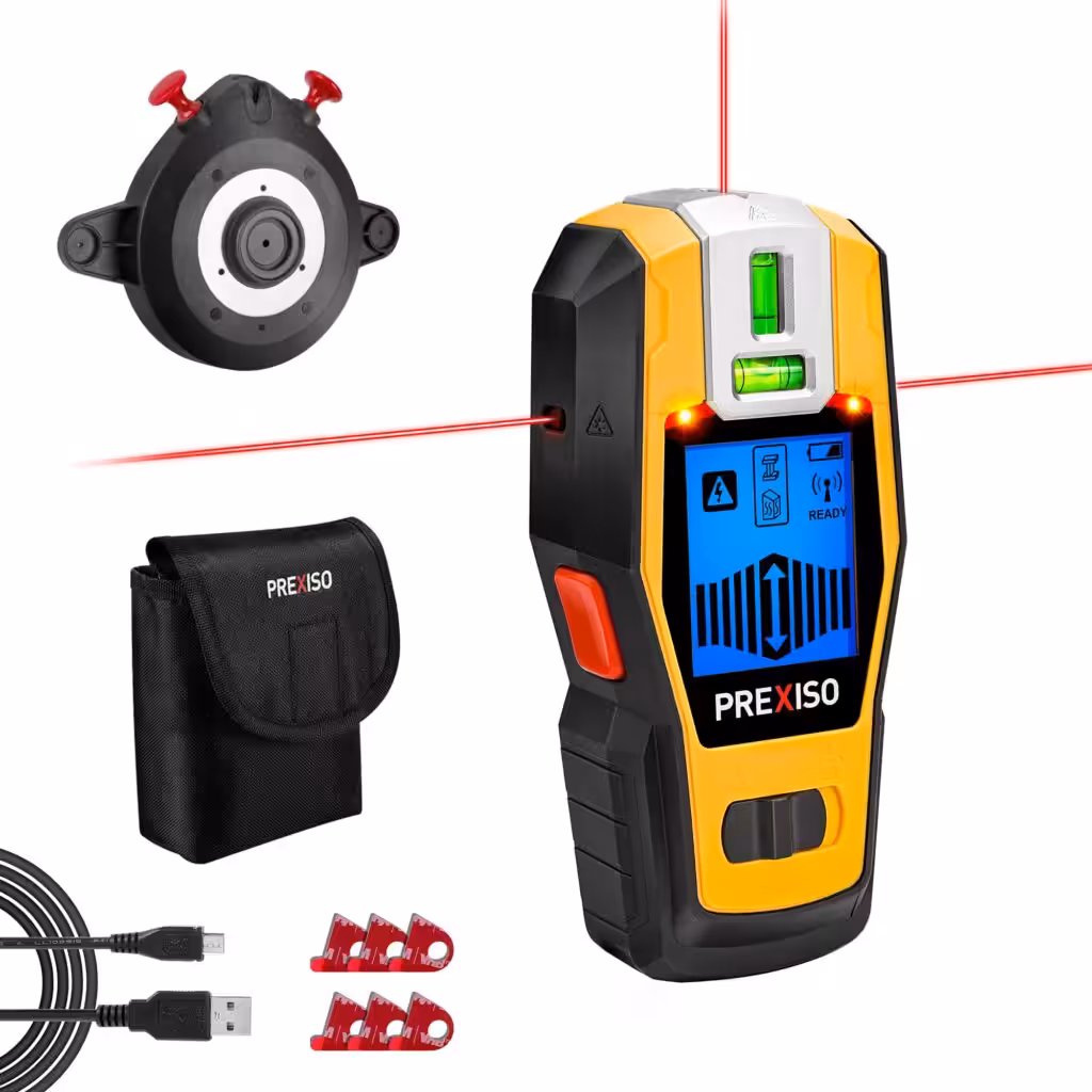 PREXISO 2-in-1 Stud Finder with Laser Level, Rechargeable Multi Surface Cross Line Laser &amp; Wall Stud Scanners Tool for Hanging Frames &amp; Picture, Wood Ac Wire Metal Studs Joist Pipe Detection