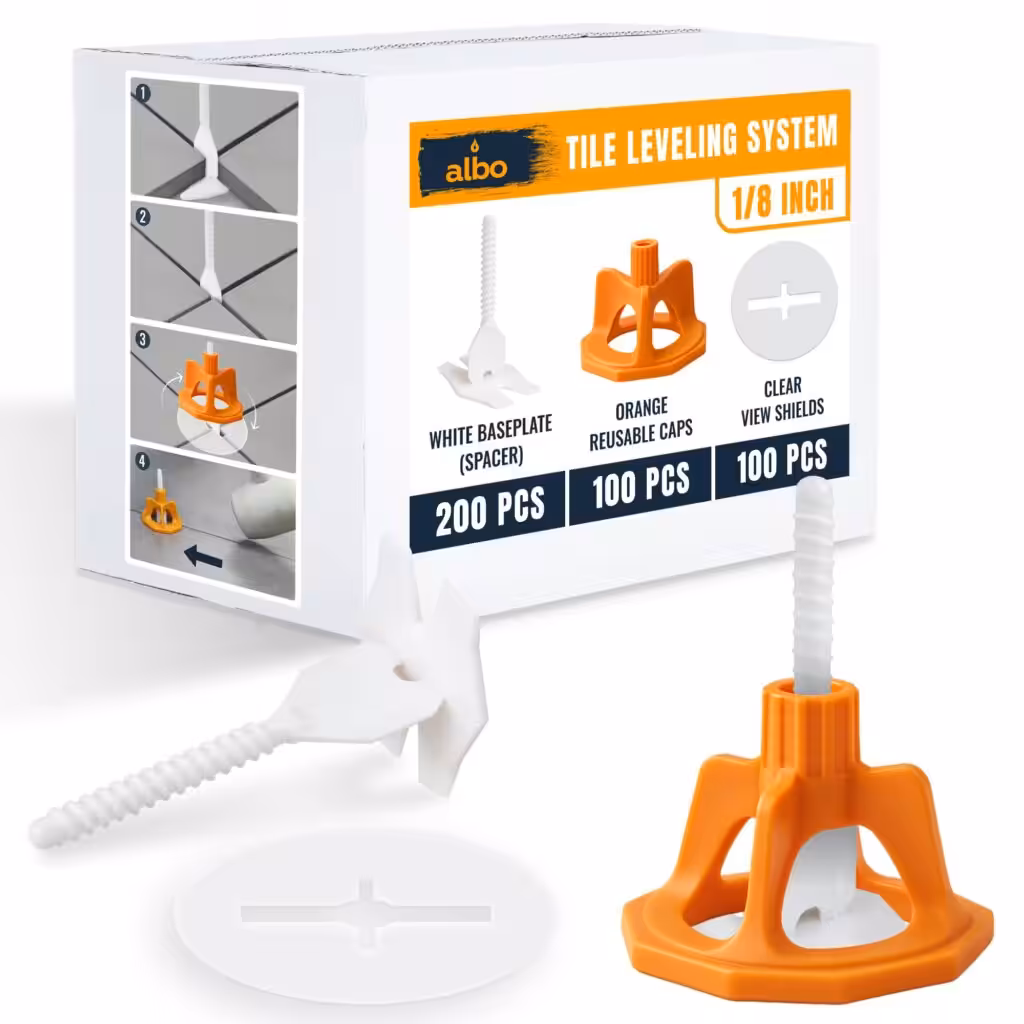 ALBO Tile Leveling System Set 1/8 inch - 400 PCS - Professional Floor &amp; Wall Spacer Kit with Reusable Caps &amp; Protection Plates - Anti-Lippage Installation Tools for Large and Small Tile Formats
