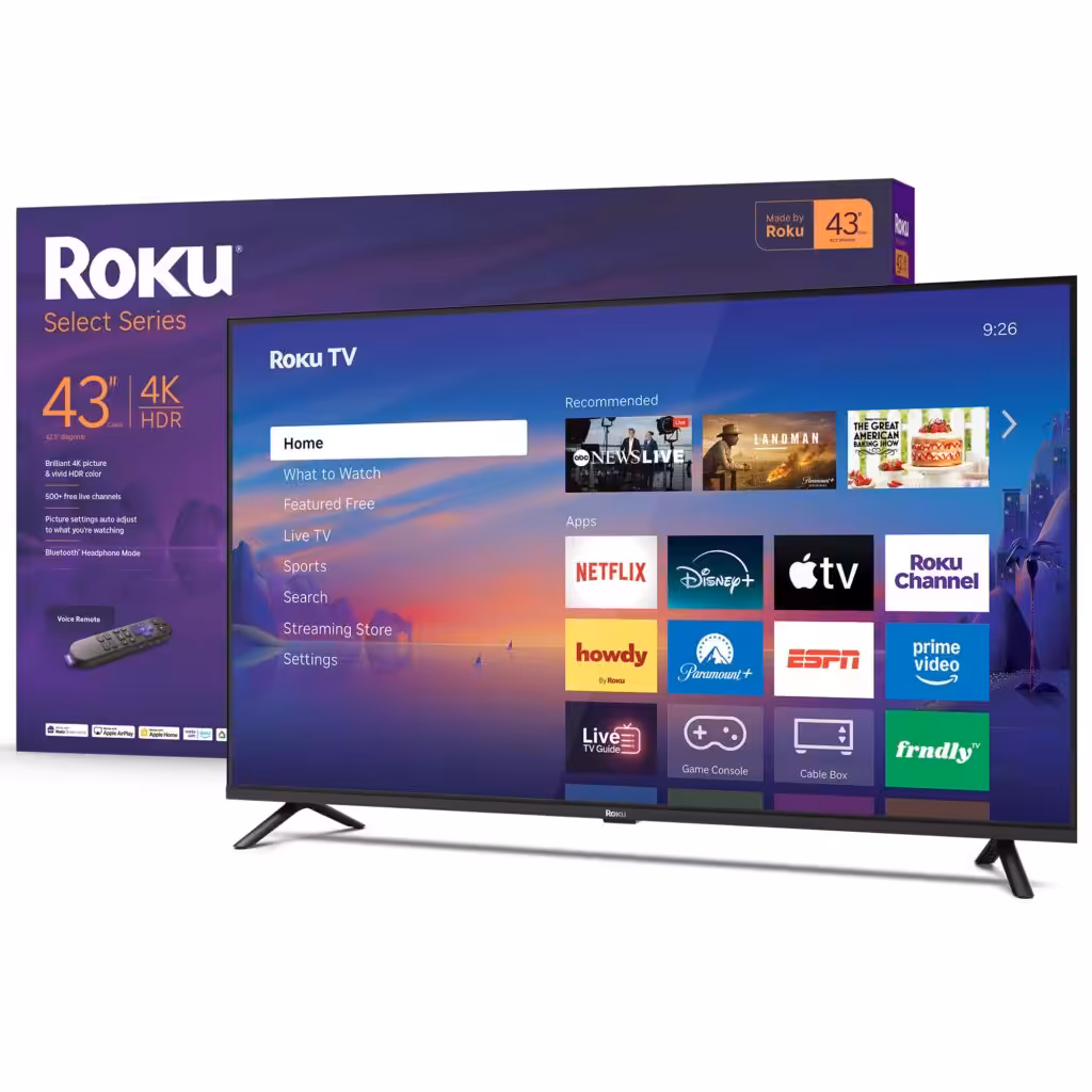 Roku Smart TV 2026 – 43-Inch Select Series, 4K HDR TV – Roku TV with Voice Remote – Flat Screen LED Television with Wi-Fi for Streaming Live Local News, Sports, &amp; Movies – Bluetooth Headphone Mode
