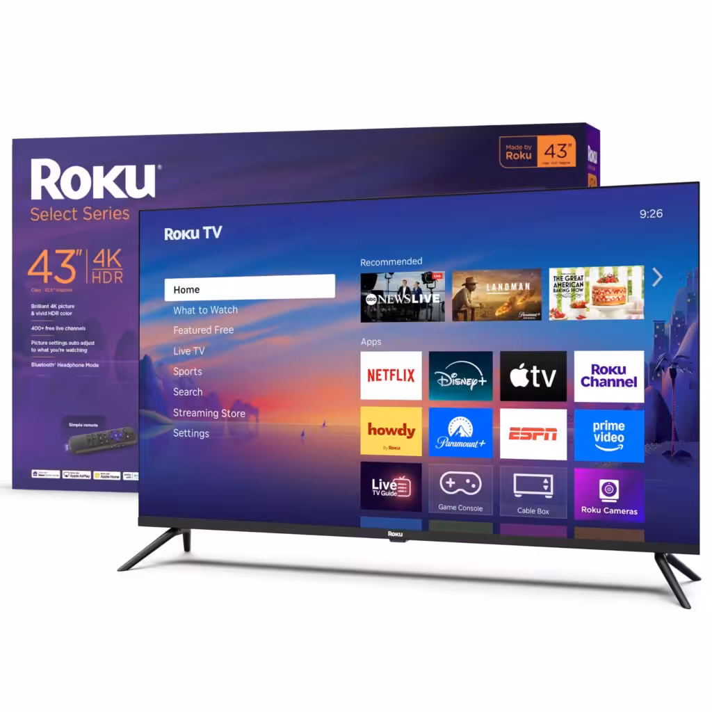 Roku Smart TV – 43-Inch Select Series, 4K HDR TV – Roku TV with Roku Remote – Flat Screen LED Television with Wi-Fi for Streaming Live Local News, Sports, Family Entertainment