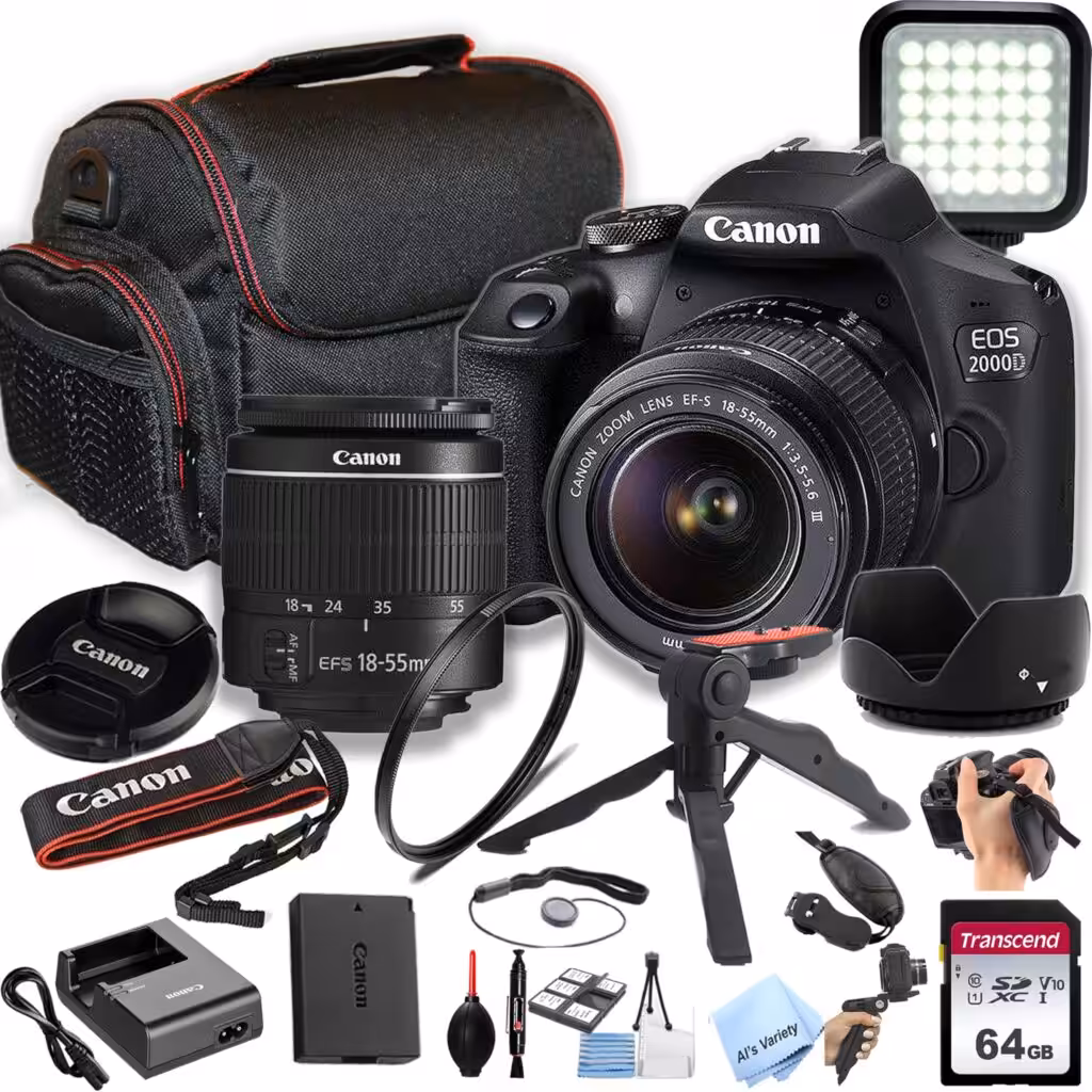 Canon EOS 2000D / Rebel T7 DSLR Camera w/EF-S 18-55mm F/3.5-5.6 Zoom Lens + 64GB Memory, LED Video Light, Case, Gripster Tripod, and More (Essential Bundle) (Renewed)