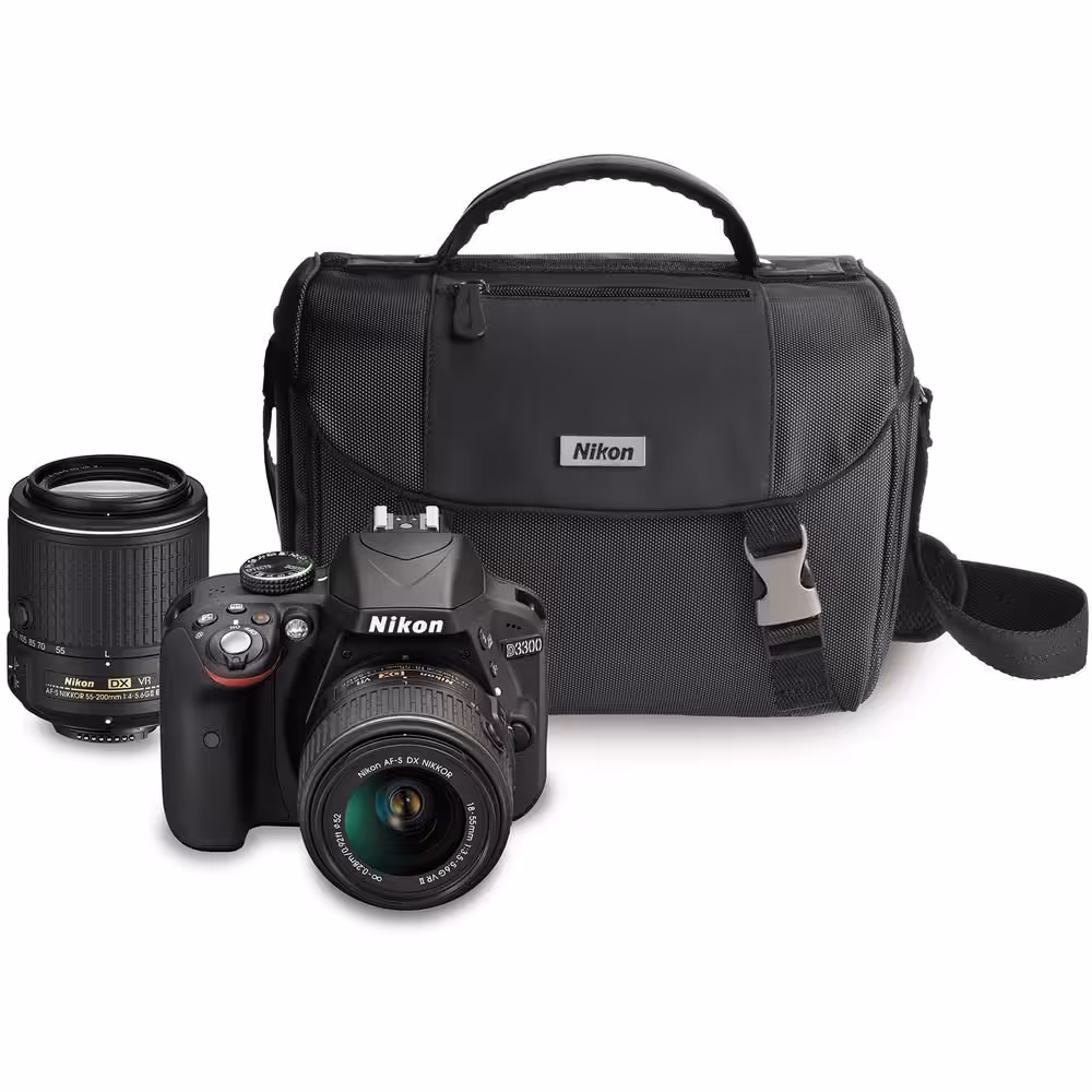 Nikon D3300 DX-format DSLR Kit w/ 18-55mm VR II & 55-200mm Zoom Lenses and Case (Black)