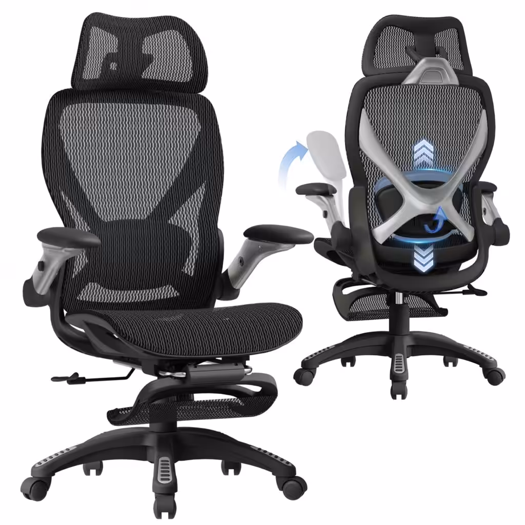 ELABEST X100 Ergonomic Mesh Office Chair with Footrest, Big and Tall Hone Desk Chair with 5D Flip-Up Arms, Adjustable 3D Lumbar Support,Gaming &amp; Executive Computer Chairs