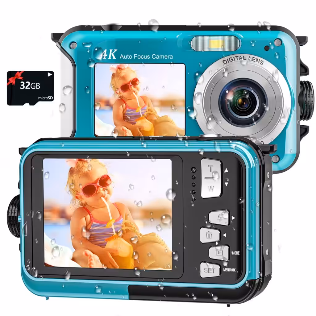 4K Underwater Camera 16FT Waterproof Camera with 32GB Card 64MP Autofocus Dual-Screen Selfie Underwater for Snorkeling Waterproof Compact Floatable Digital Camera 1250mAh Battery Type-C (Blue)